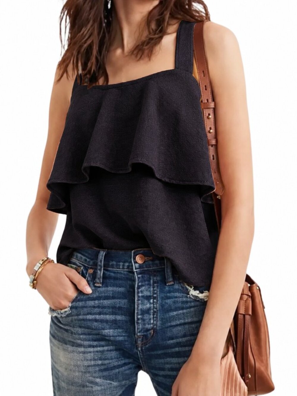 Madewell Texture and Thread Tiered Tank Top Sleeveless Blouse Black — Size L